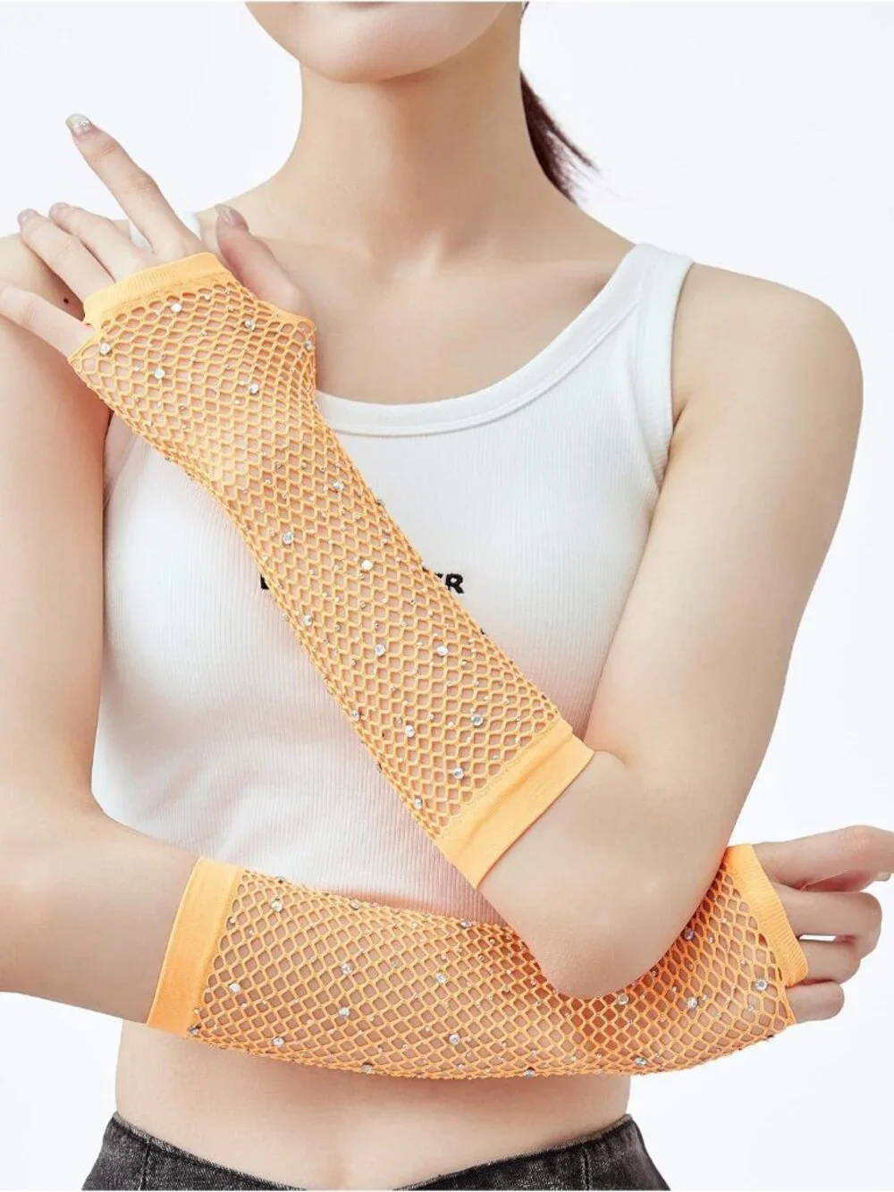 Women's Orange Rhinestone Fishnet Fingerless Gloves 80s Emo Scene Arm Cuffs